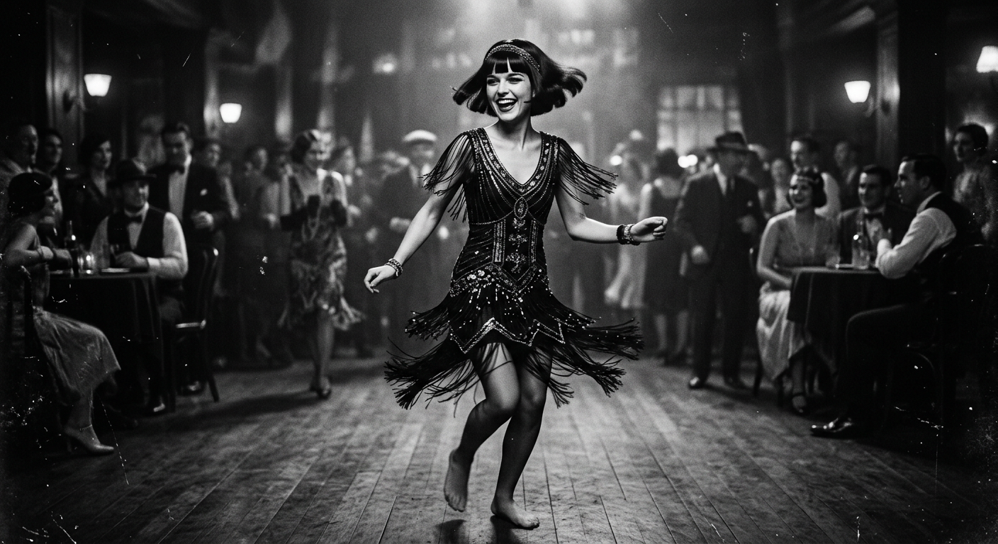 Femme style Années Folles dans une robe Charleston inspirée du cinéma muet.