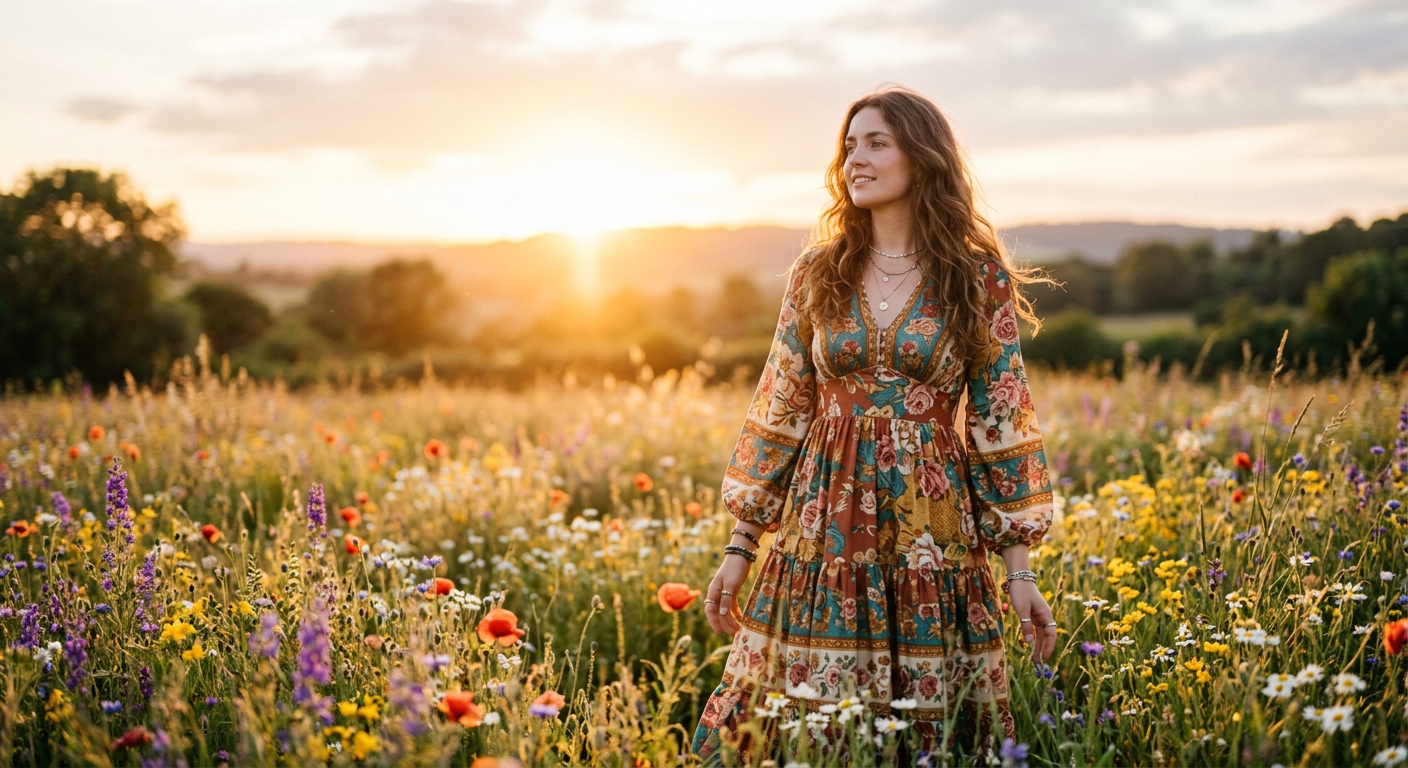 Femme portant une robe longue fleurie de style bohème des années 70, dans un champ au coucher du soleil.