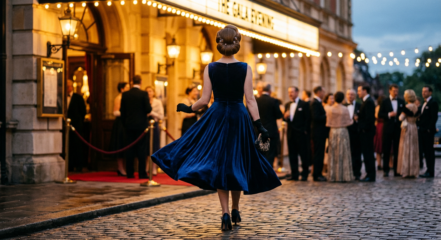 Femme élégante en robe vintage vue de dos, se dirigeant vers une soirée chic des années 50.