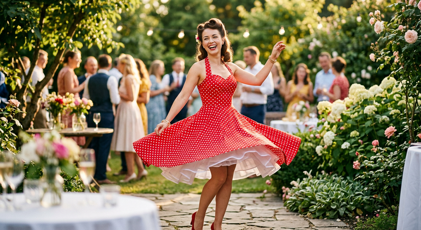 Femme joyeuse faisant tournoyer sa robe swing à pois des années 50, dans un style pin-up coloré.