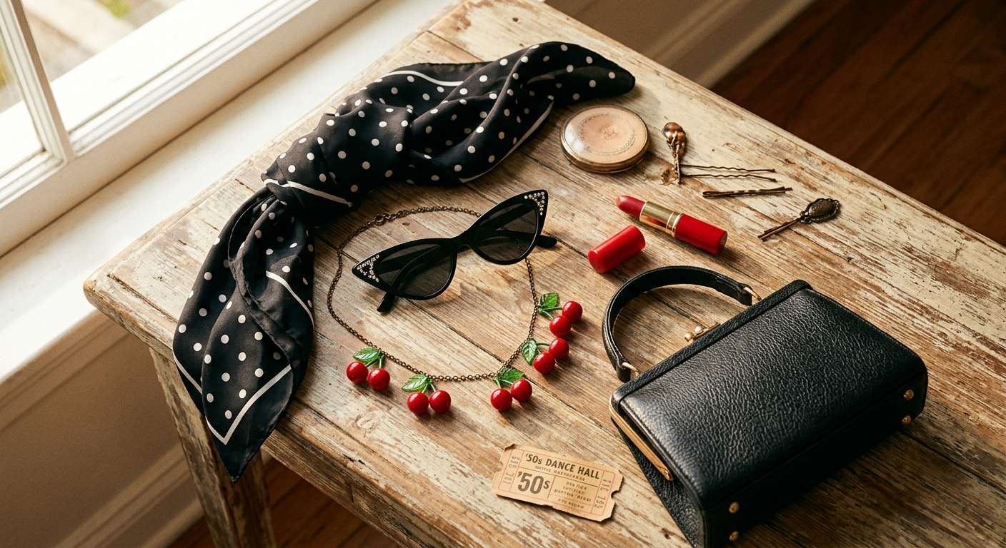 Composition soignée d'accessoires rockabilly : foulard à pois, lunettes cat-eye, collier cerise et rouge à lèvres rouge.