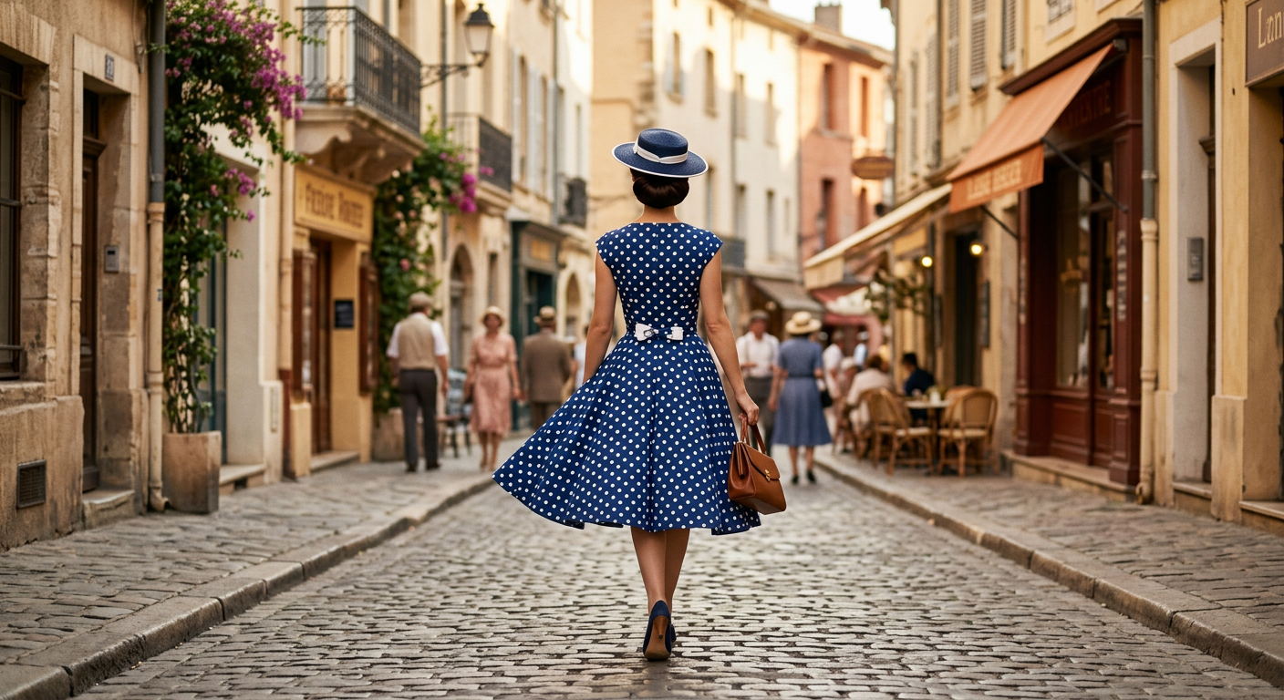 Femme en robe rockabilly bleue à pois marchant dans une rue ensoleillée de style années 50.