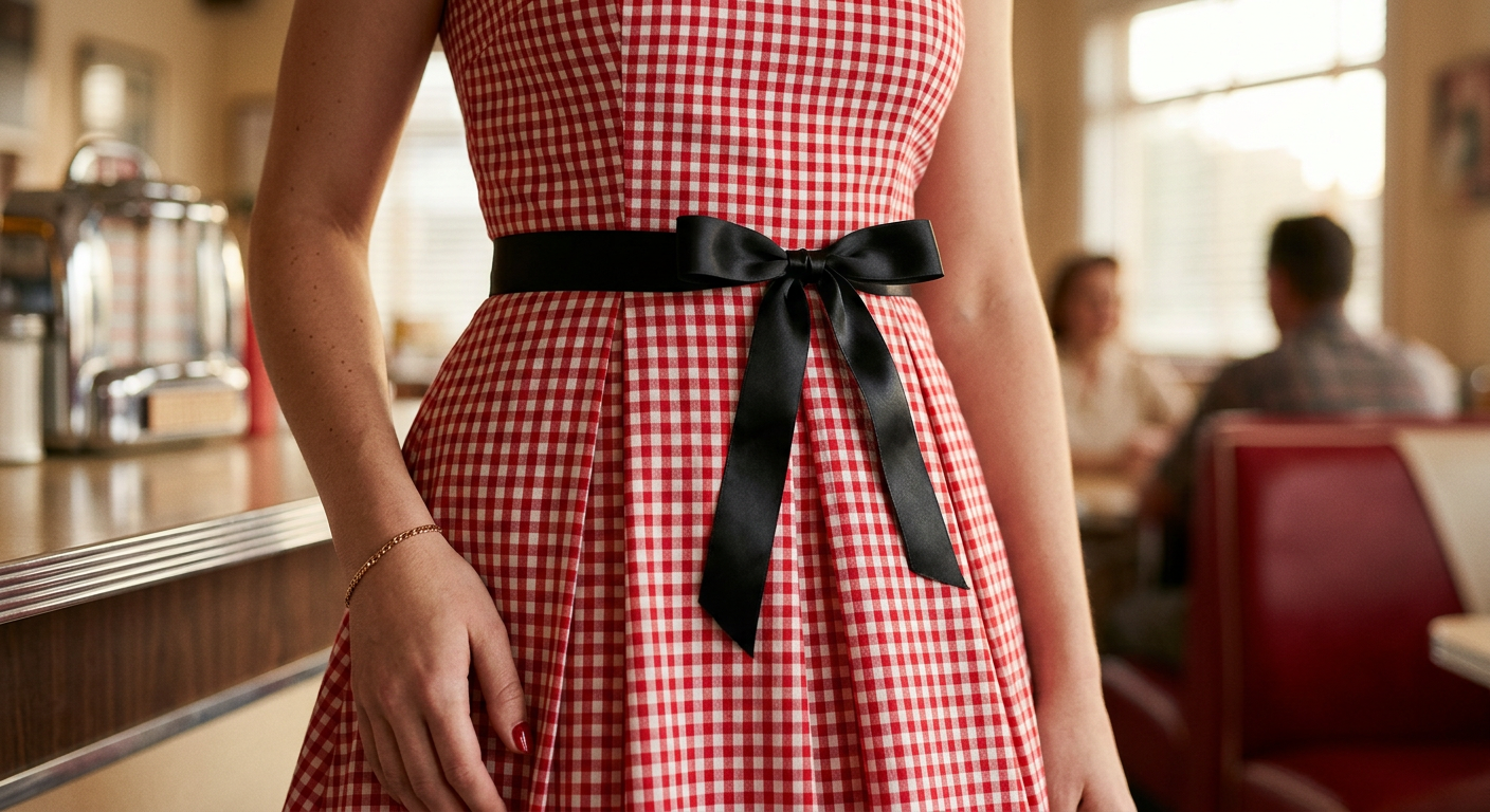 Gros plan sur un tissu de robe à motif vichy rouge et blanc avec un ruban de satin noir à la taille.
