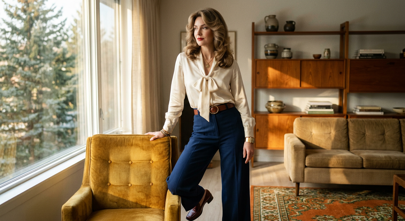 Mannequin dans un intérieur chic portant un pantalon large et une blouse en soie Louise Vintage, look d'inspiration années 70.