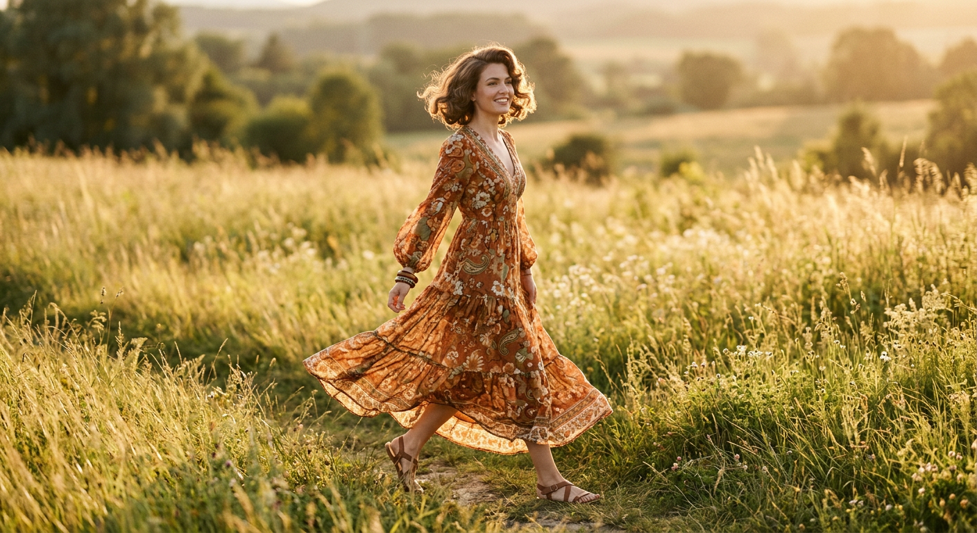 Femme en robe longue fleurie de style années 70 marchant dans un champ ensoleillé.