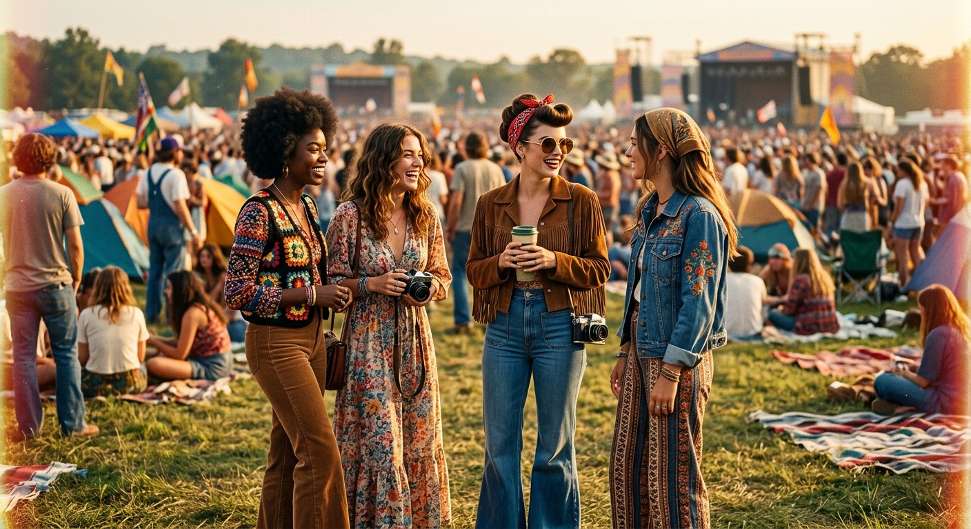 Ambiance festival années 70 avec des femmes en robes longues fleuries et pantalons pattes d'éléphant.