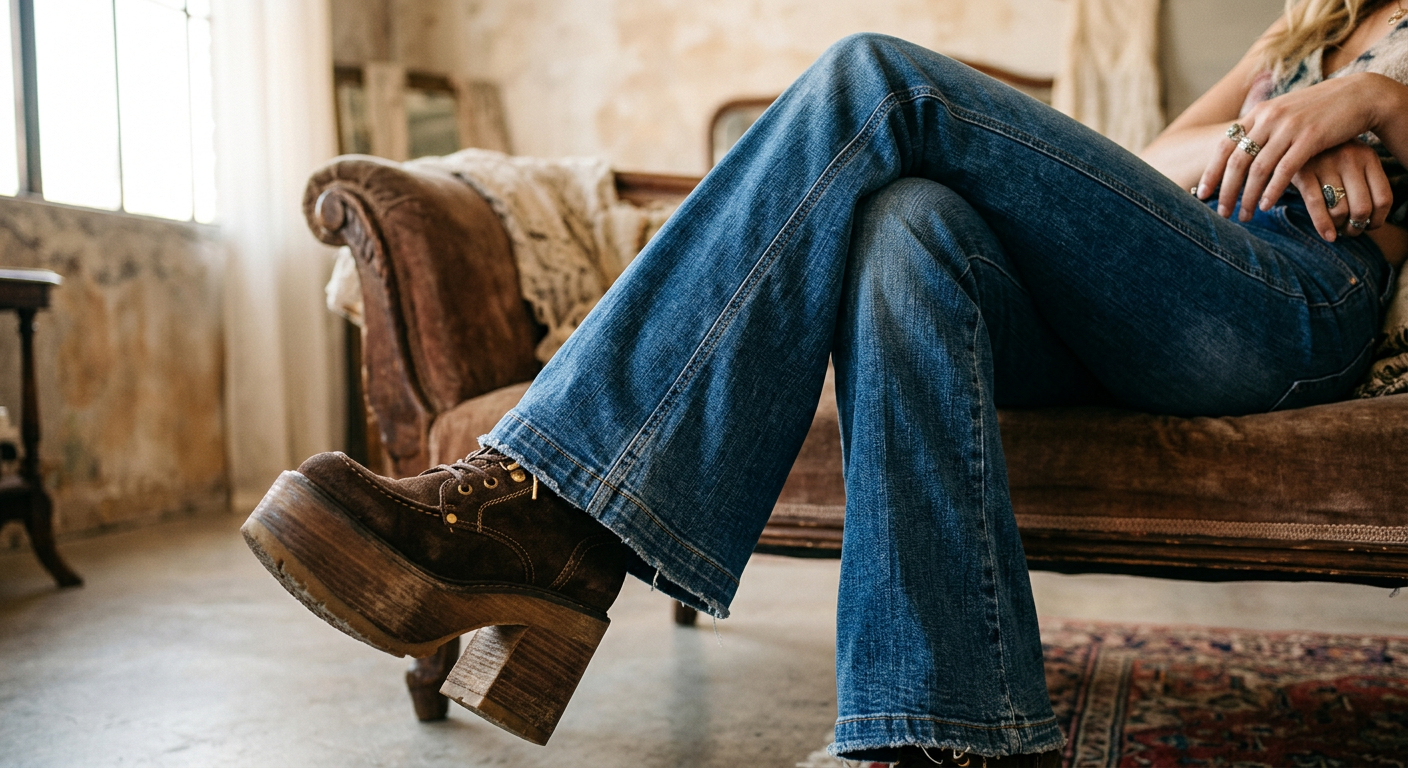 Gros plan sur un pantalon pattes d'éléphant en denim porté avec des bottes à plateforme.