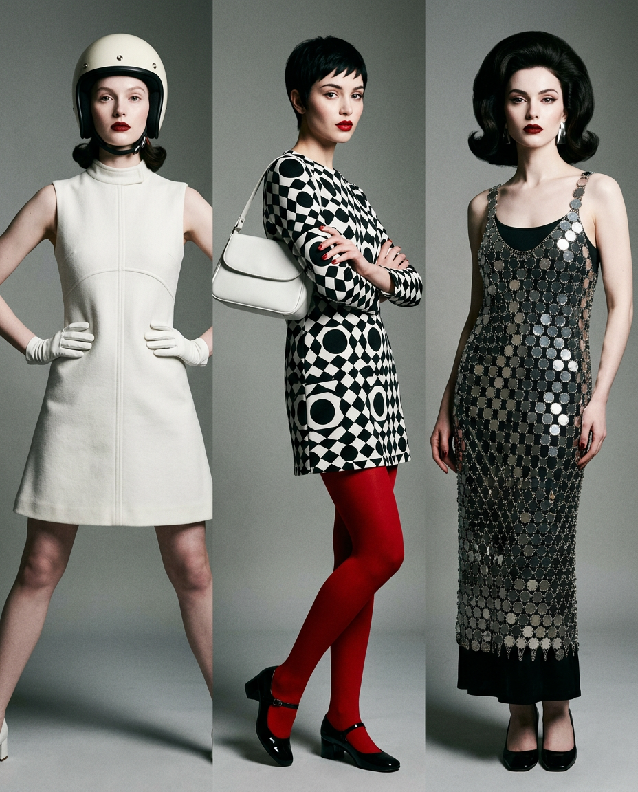 Montage de trois mannequins présentant des tenues iconiques des années 60 : une robe trapèze Courrèges, un ensemble Mod à motifs graphiques, et une robe métallique Paco Rabanne.