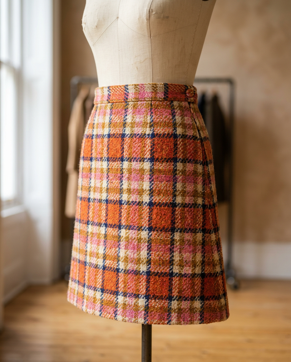 Gros plan sur une mini-jupe A-line en tweed coloré, pièce phare de la garde-robe des années 60.
