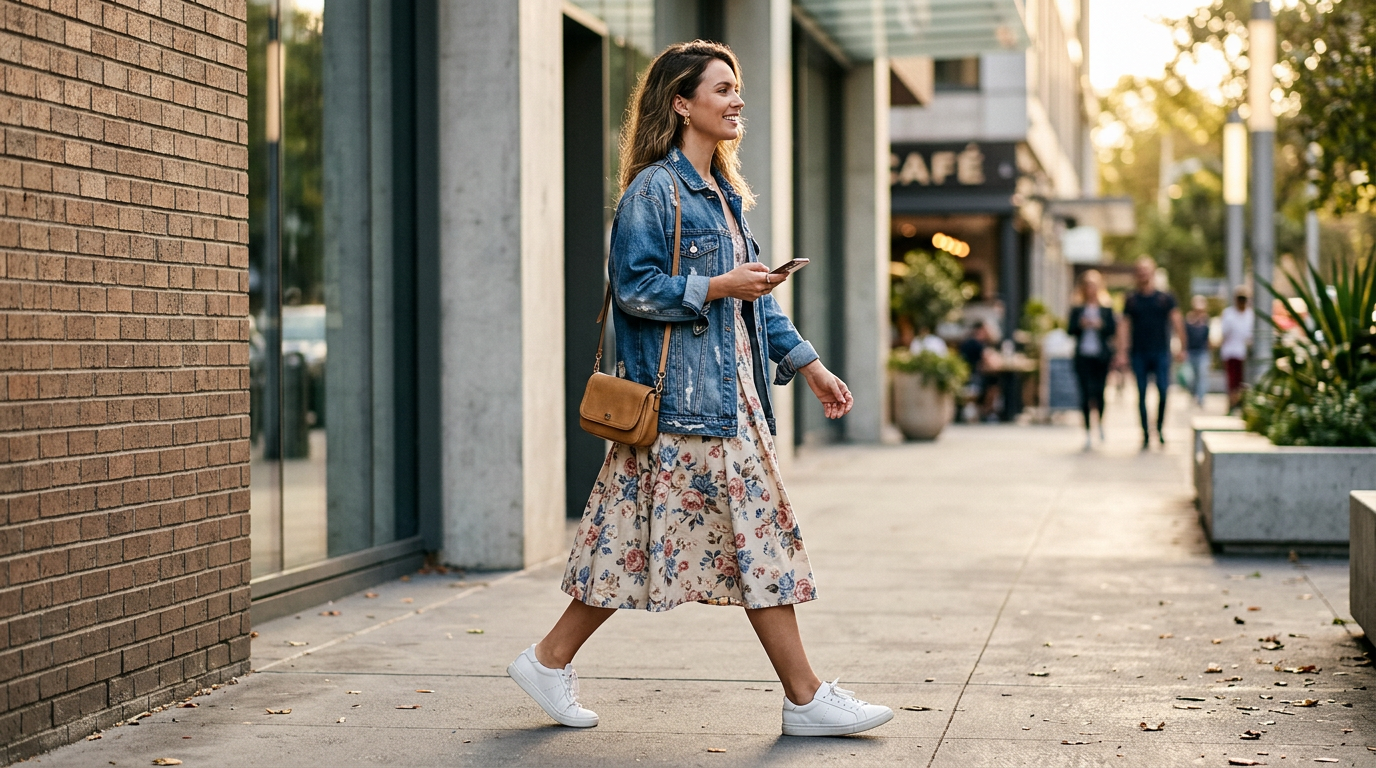 Jeune femme portant une robe vintage à fleurs avec une veste en jean décontractée en ville.
