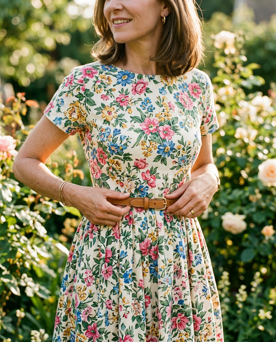 Femme moderne ajustant une fine ceinture en cuir sur une robe d'été vintage fleurie.