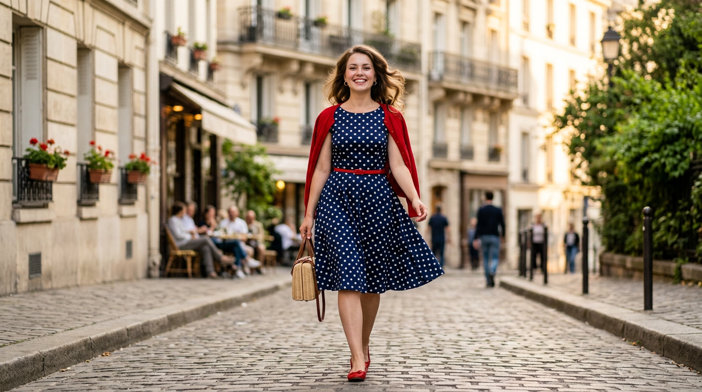 Femme souriante et confiante portant une robe vintage à pois dans un décor parisien ensoleillé.