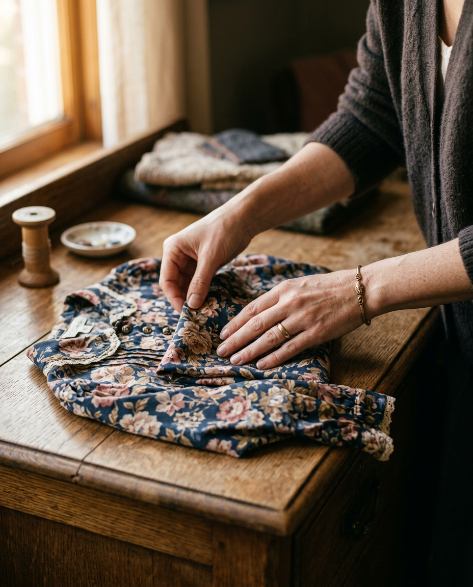 Mains délicates pliant avec soin une robe vintage en tissu fleuri sur une surface en bois.