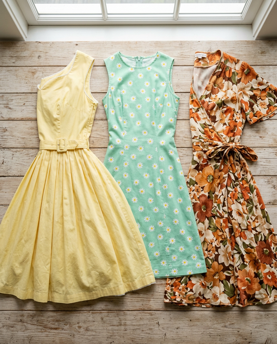 Lookbook de robes vintage polyvalentes des années 50, 60 et 70 sur des cintres en bois.