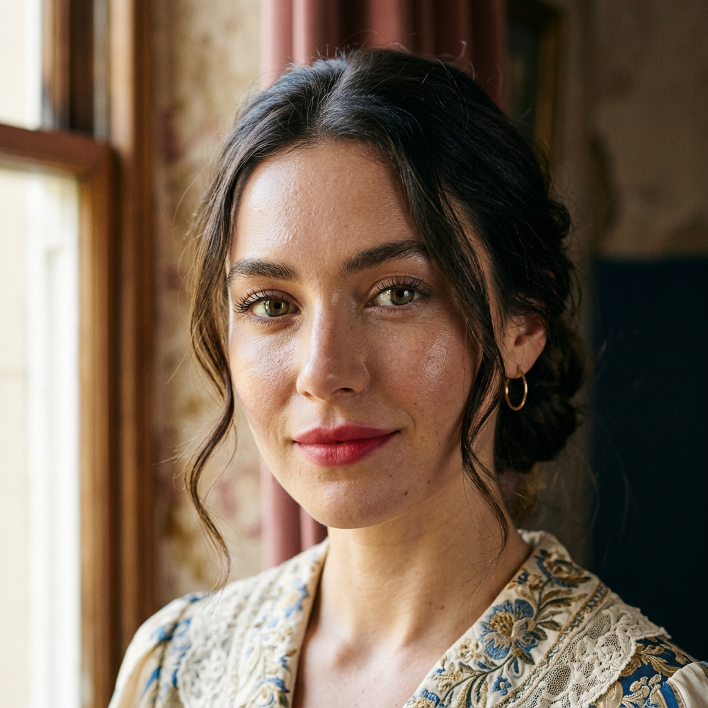 Gros plan sur le visage d'une femme au maquillage naturel et frais, mettant en valeur son look vintage discret.