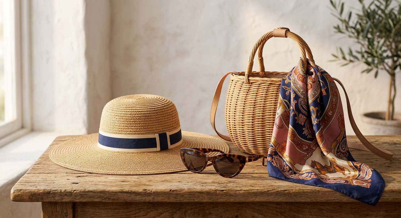 Nature morte estivale avec un chapeau de paille à large bord, des lunettes de soleil vintage, un sac panier en osier et un foulard en soie.