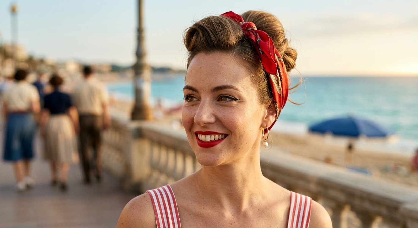 Gros plan sur une femme souriante des années 50, avec un foulard en soie noué dans ses cheveux pour créer un look de plage chic.