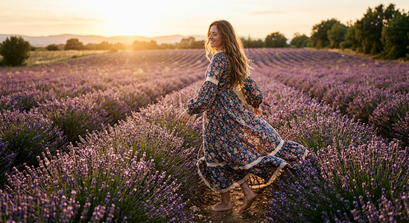 Femme se promenant dans un champ de lavande au crépuscule, vêtue d'une robe maxi bohème vintage des années 70 avec un imprimé floral.