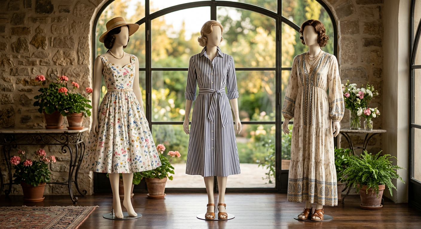 Sélection de robes d'été légères de Louise Vintage, présentées sur des mannequins dans un décor ensoleillé et élégant.
