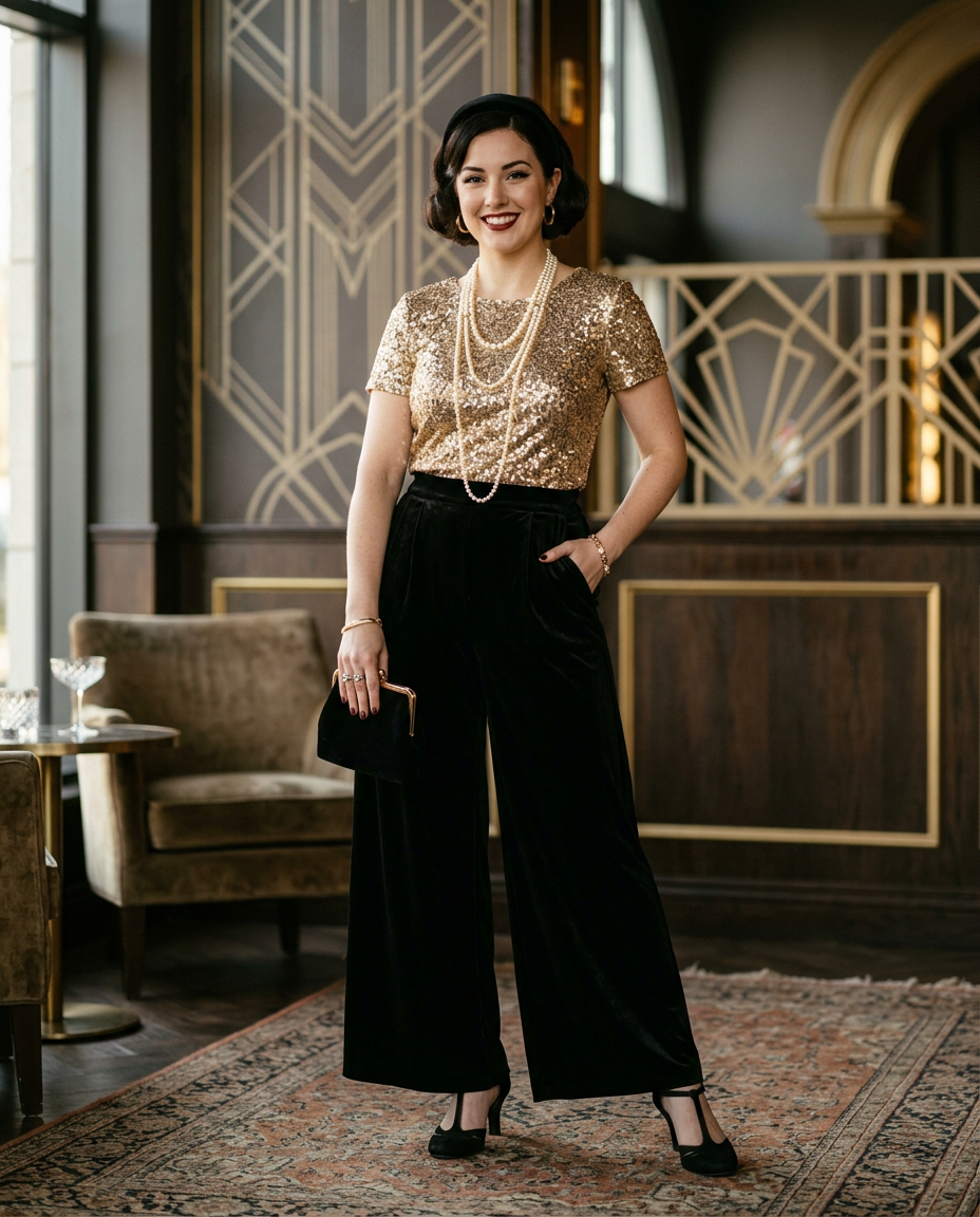 Femme élégante portant un pantalon palazzo en velours noir et un top à sequins dorés pour un look Gatsby original