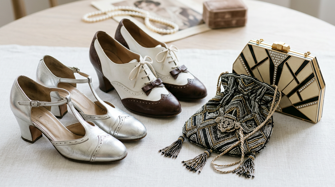Collection de chaussures Salomé à talon et de pochettes brodées style Art Déco