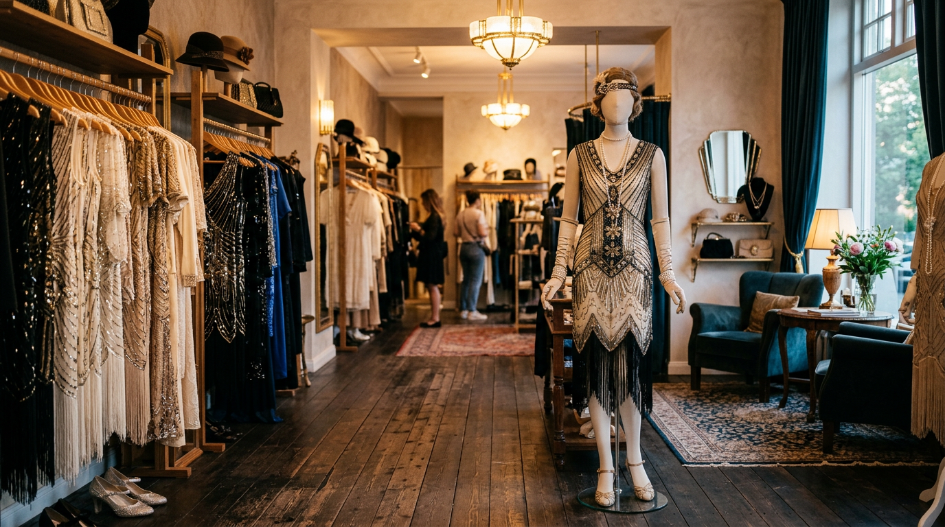 Intérieur chaleureux et chic d'une boutique vintage spécialisée dans la mode rétro et les robes Gatsby