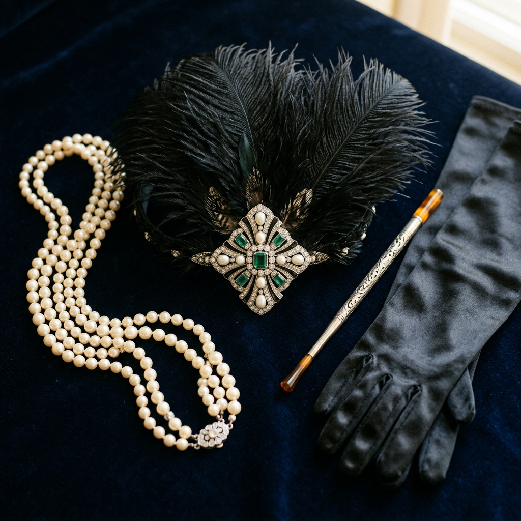 Assortiment d'accessoires Gatsby : bandeau à plumes, sautoir de perles, et porte-cigarette vintage
