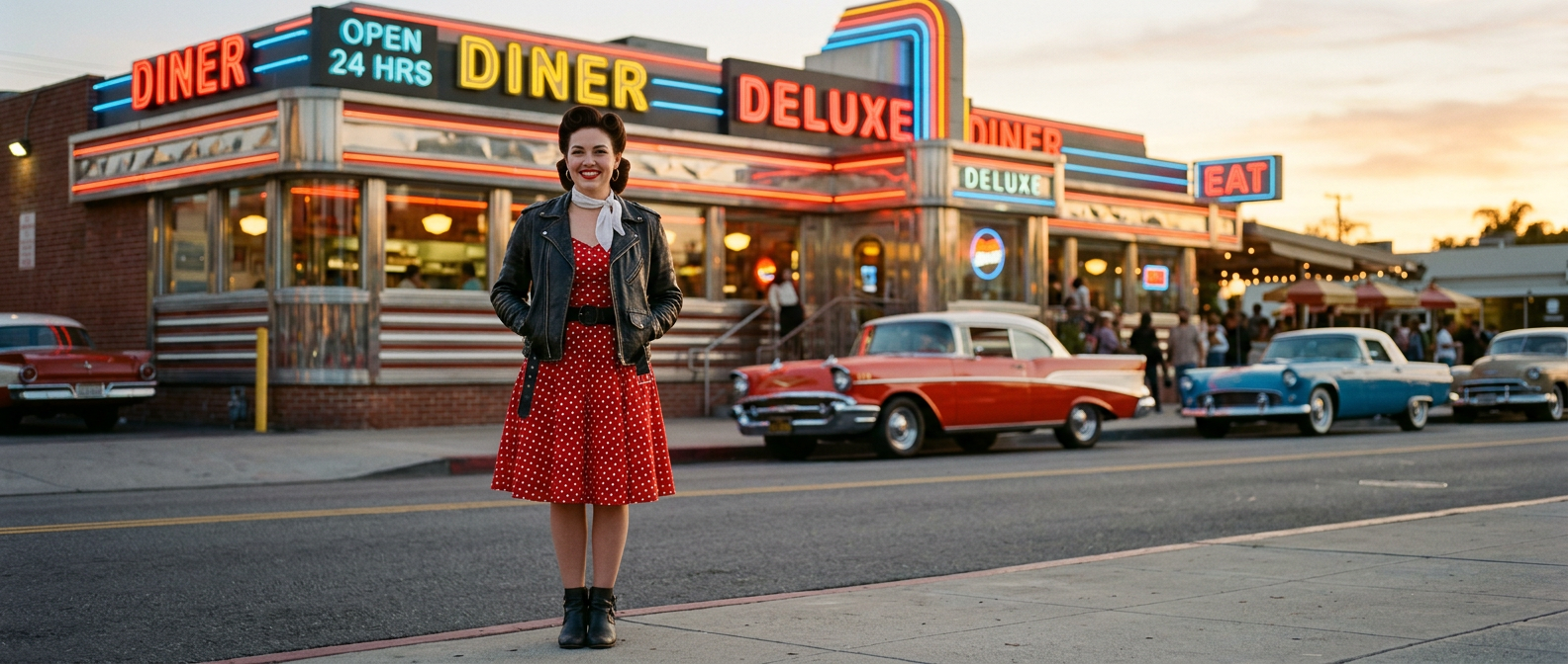 Femme au look rockabilly années 50 posant fièrement devant un diner rétro américain avec un perfecto en cuir et une robe évasée