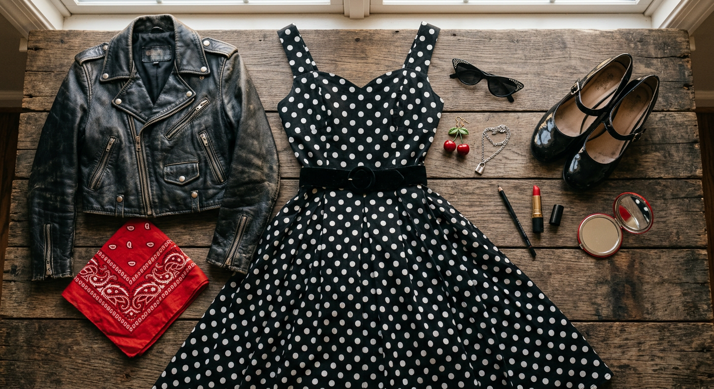Flat lay élégant d'une tenue rockabilly avec robe swing à pois, perfecto court en cuir et accessoires rétro