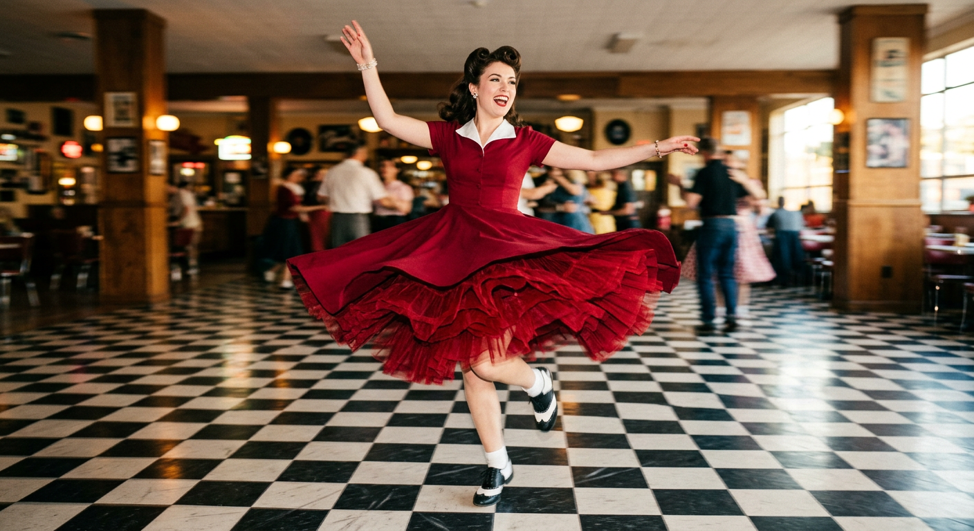 Gros plan sur une robe swing virevoltante avec jupon en tulle volumineux lors d'un pas de danse rockabilly
