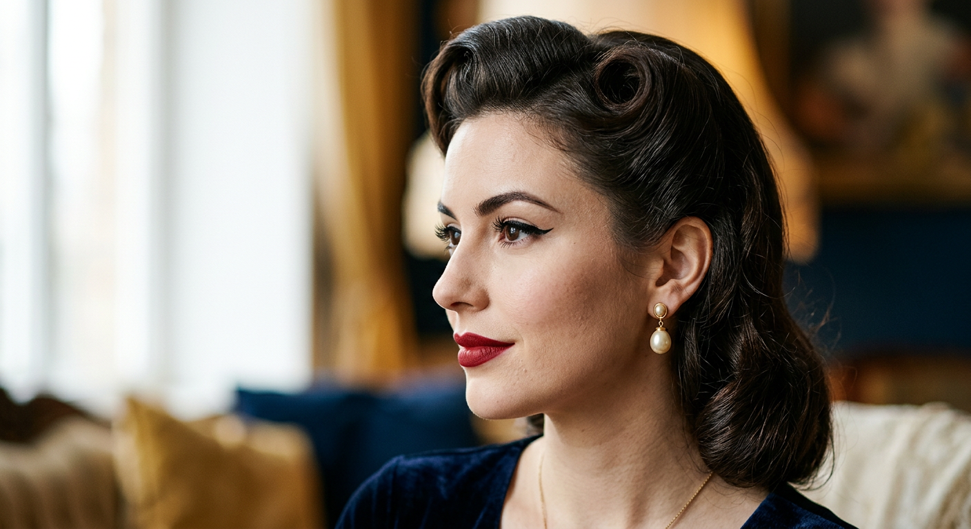 Portrait beauté vintage montrant une coiffure Victory Rolls sculptée, un trait d'eye-liner graphique et des lèvres rouges mat