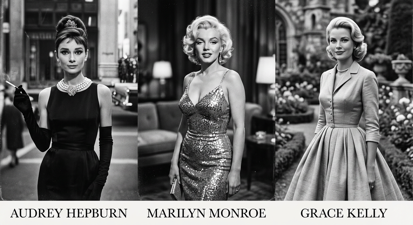 Montage photo en noir et blanc des icônes de mode vintage comme Audrey Hepburn et Marilyn Monroe.