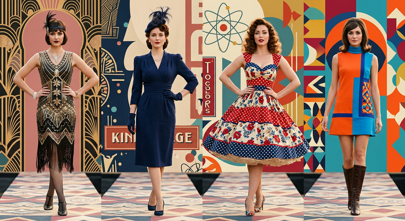 Collage stylistique présentant l'évolution de la robe de cocktail des années 20 aux années 70.