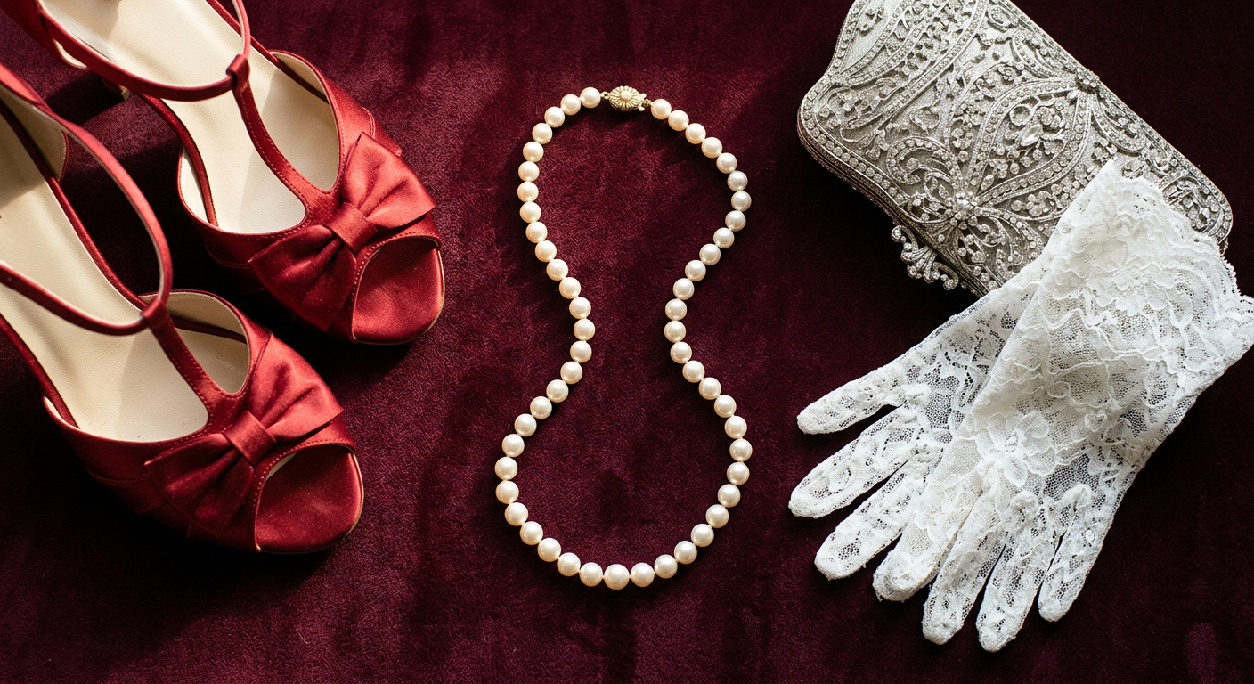 Composition élégante d'accessoires vintage : perles, escarpins à bouts ouverts et minaudière.