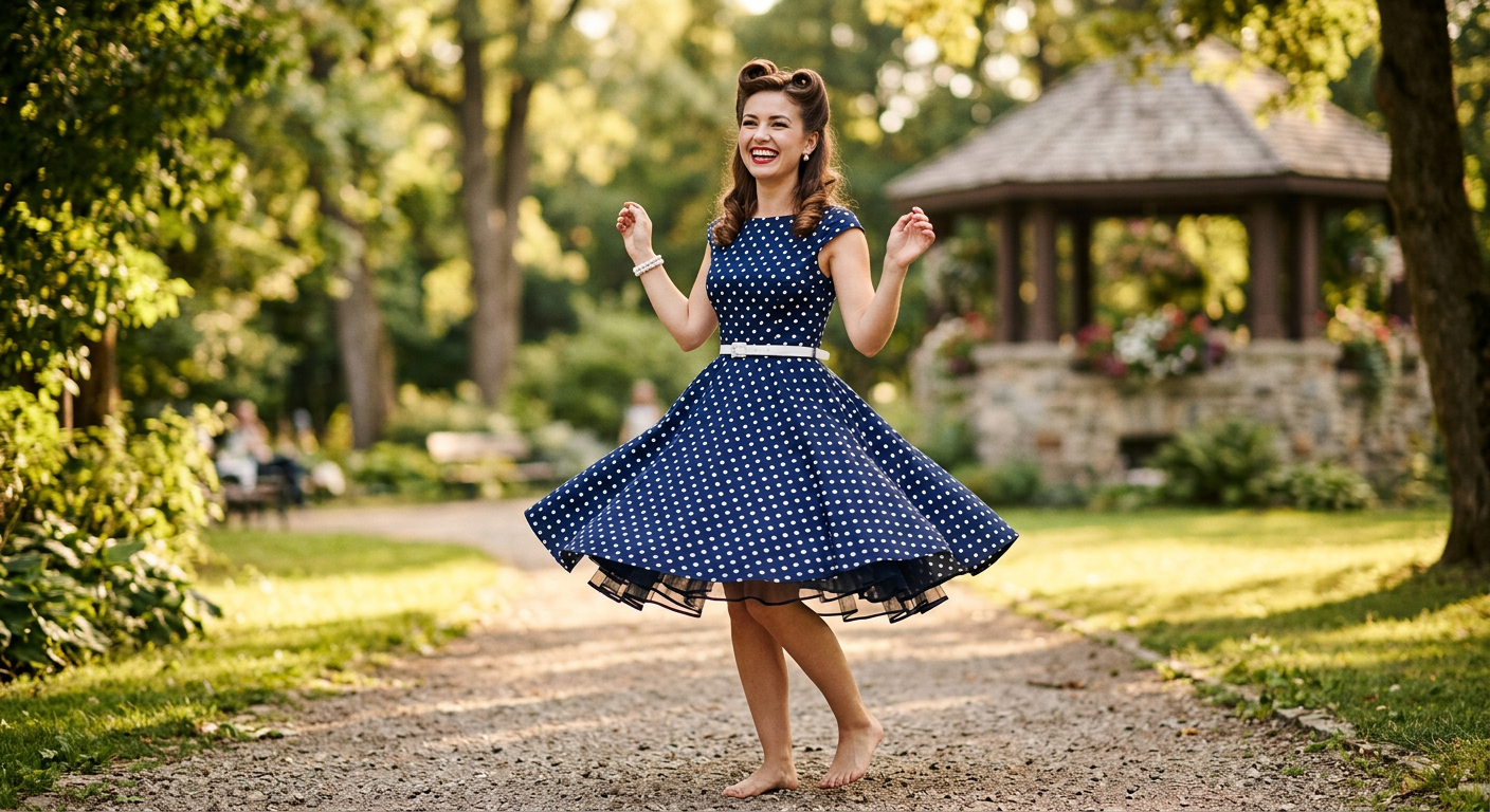 Femme de style pin-up souriant dans une robe patineuse années 50 à pois.