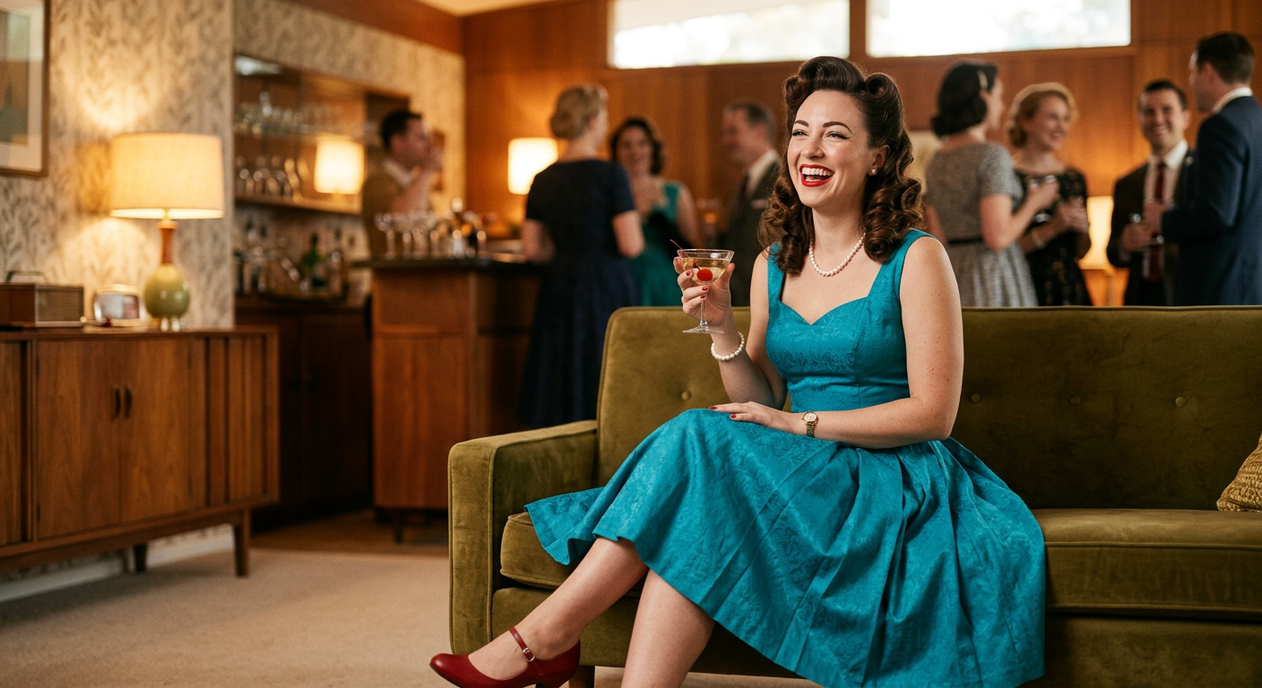 Femme confiante dans une robe de cocktail vintage style années 50 avec un grand sourire.