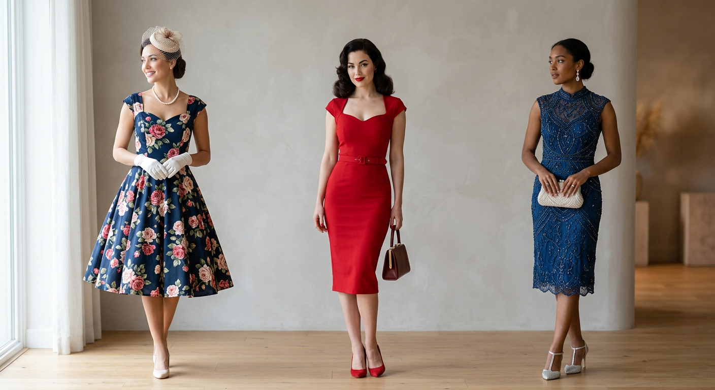 Sélection de robes de cocktail chics et colorées de la boutique Louise Vintage, style pin-up et années 50.