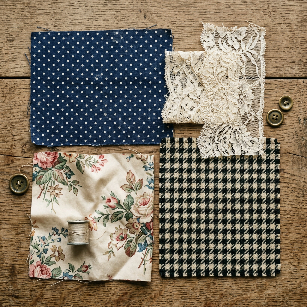 Flat-lay de différents échantillons de tissus vintage : coton à pois, soie fleurie, tweed.