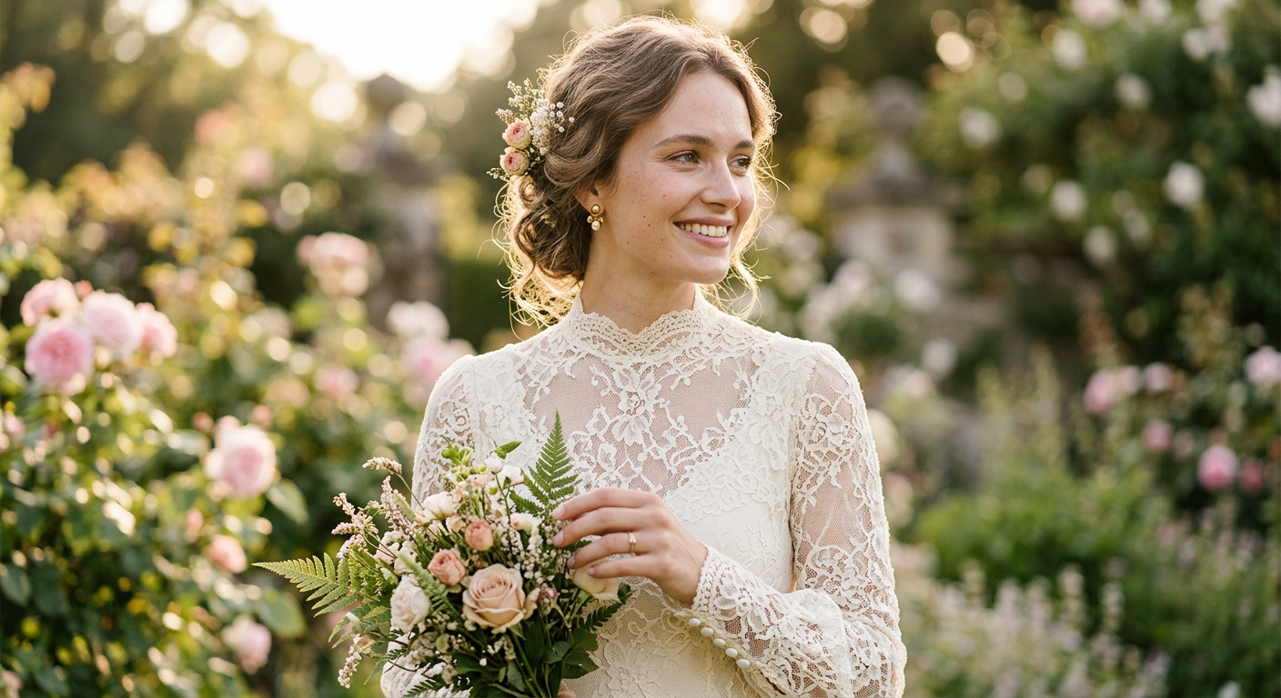 Mariée radieuse dans une sublime robe de mariée vintage en dentelle de style années 70.