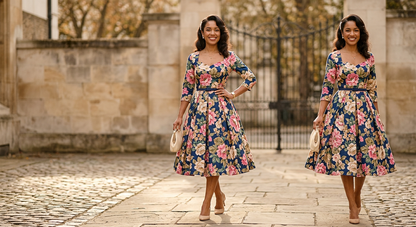Femme heureuse portant une magnifique robe vintage à fleurs style années 50 signée Louise Vintage.