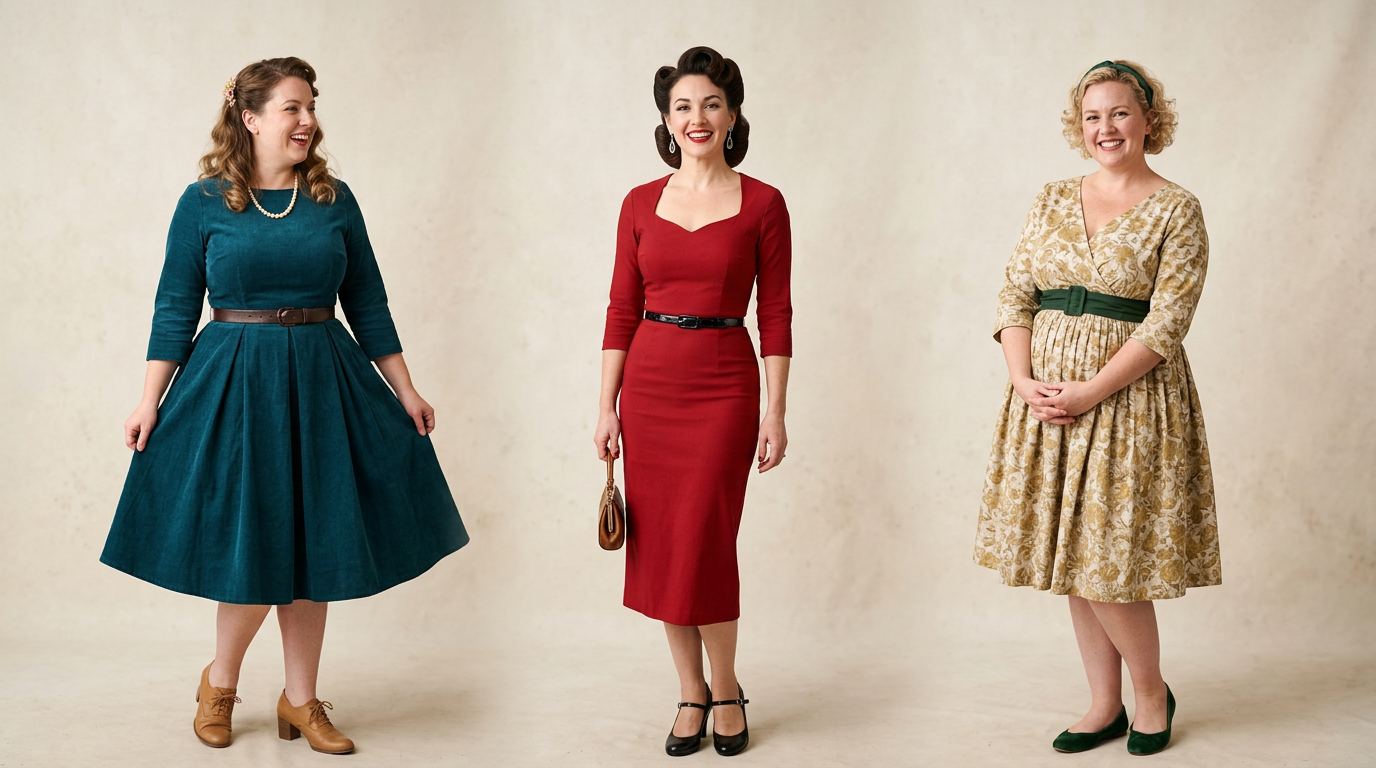 Trois femmes aux morphologies différentes portant des robes vintage des années 50 adaptées à leur silhouette.