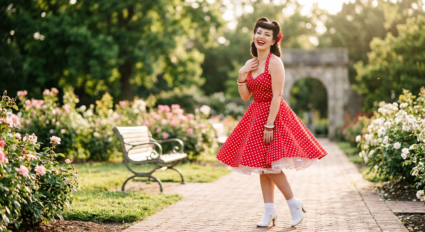 Pin-up souriante en robe à pois style années 50, dans un décor estival.