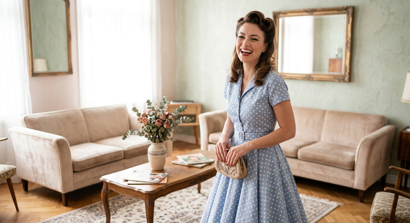 Une femme élégante des années 50 portant une robe corolle bleu pastel à pois blancs qui accentue sa taille fine.