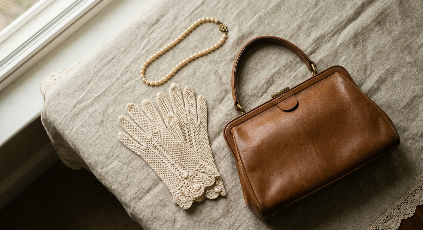Gros plan sur les accessoires d'une femme style années 50 : un sac à main structuré en cuir, des gants courts et un collier de perles.