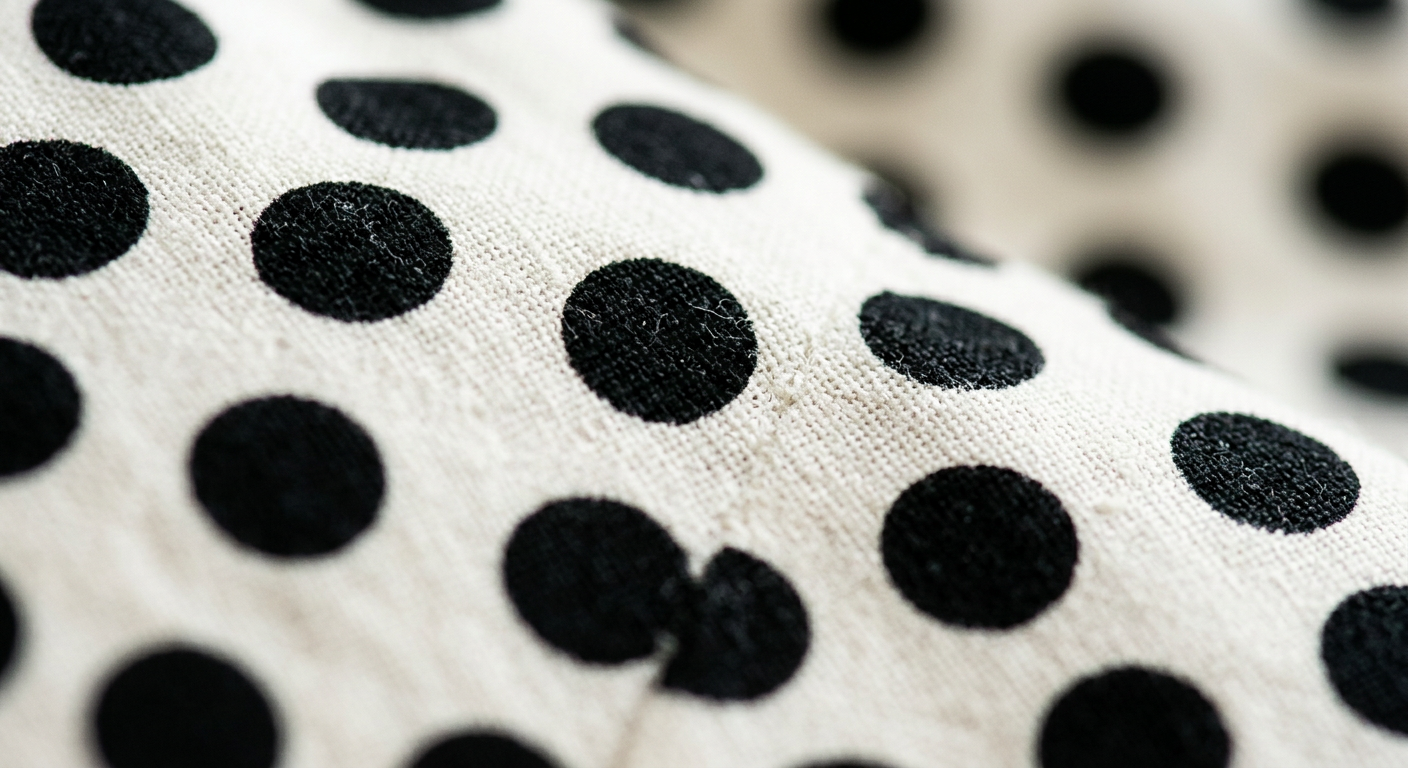 Gros plan sur le tissu d'une jupe à pois noirs et blancs, typique de la mode des années 50.
