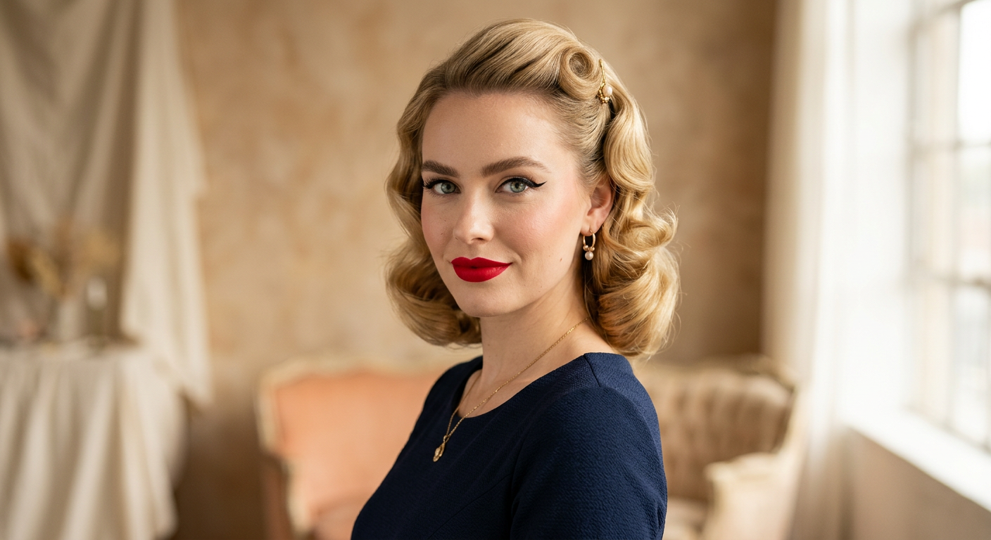Portrait d'une femme avec un maquillage pin-up classique : eyeliner œil de chat, rouge à lèvres rouge et boucles crantées blondes.