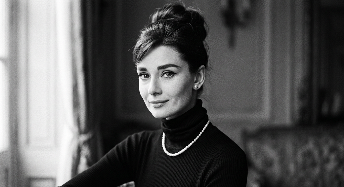 Portrait en noir et blanc d'une actrice ressemblant à Audrey Hepburn, avec un chignon haut, un trait d'eyeliner et un sourire espiègle.