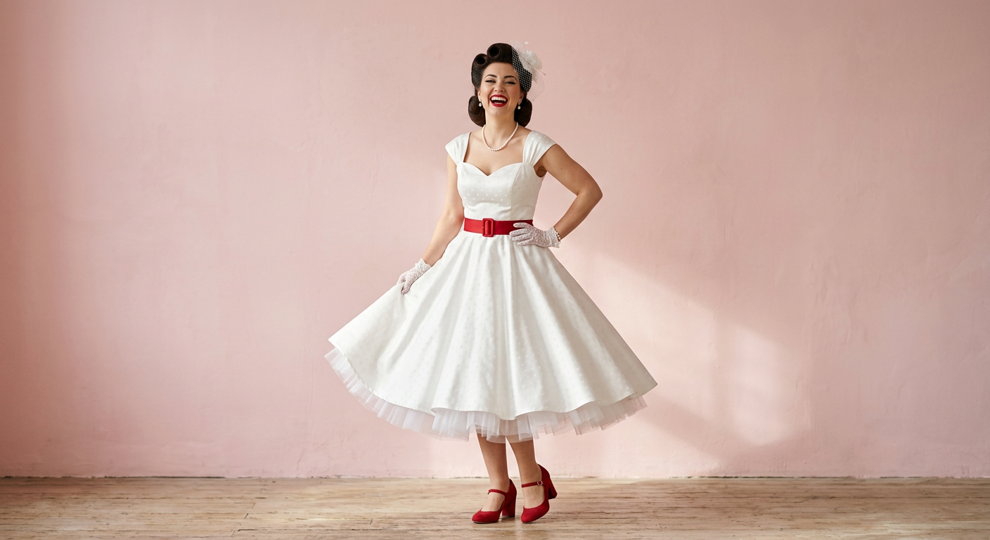 Mariée pin-up rayonnante dans une robe de mariée style années 50 avec une jupe corolle et des pois.