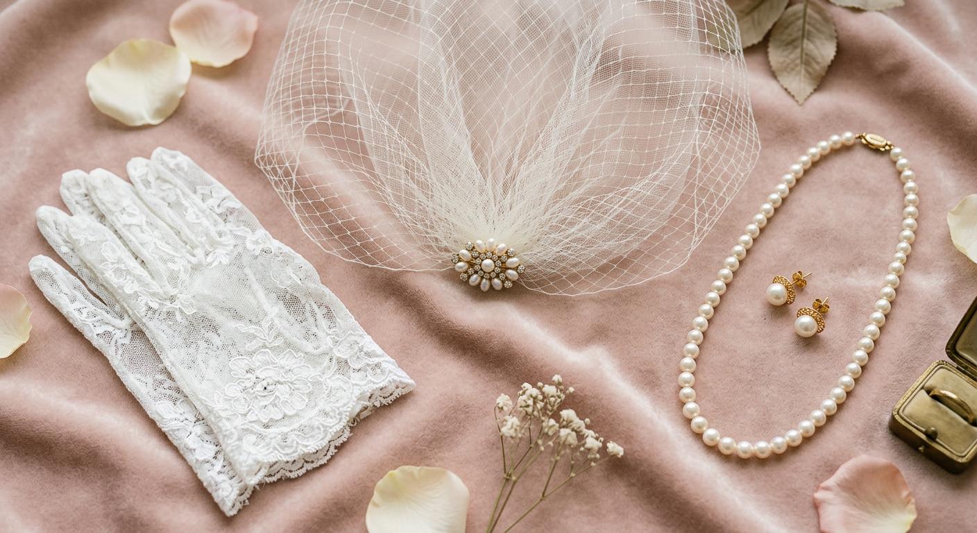 Composition d'accessoires de mariée vintage : une voilette birdcage, des gants en dentelle, et un collier de perles.