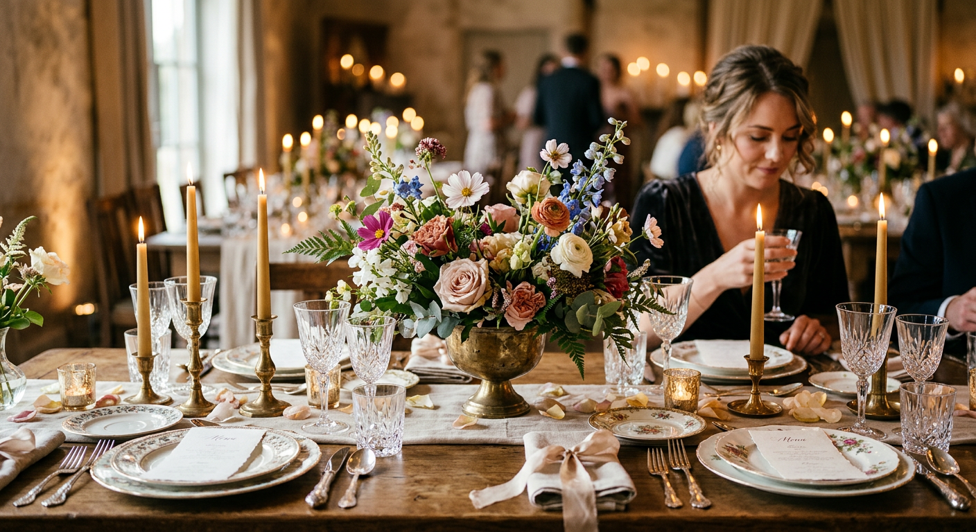 Table de réception de mariage vintage dressée avec de la vaisselle ancienne, des fleurs des champs et des bougeoirs en laiton.